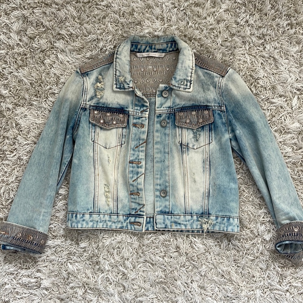 Zara cropped embellished denim jacket